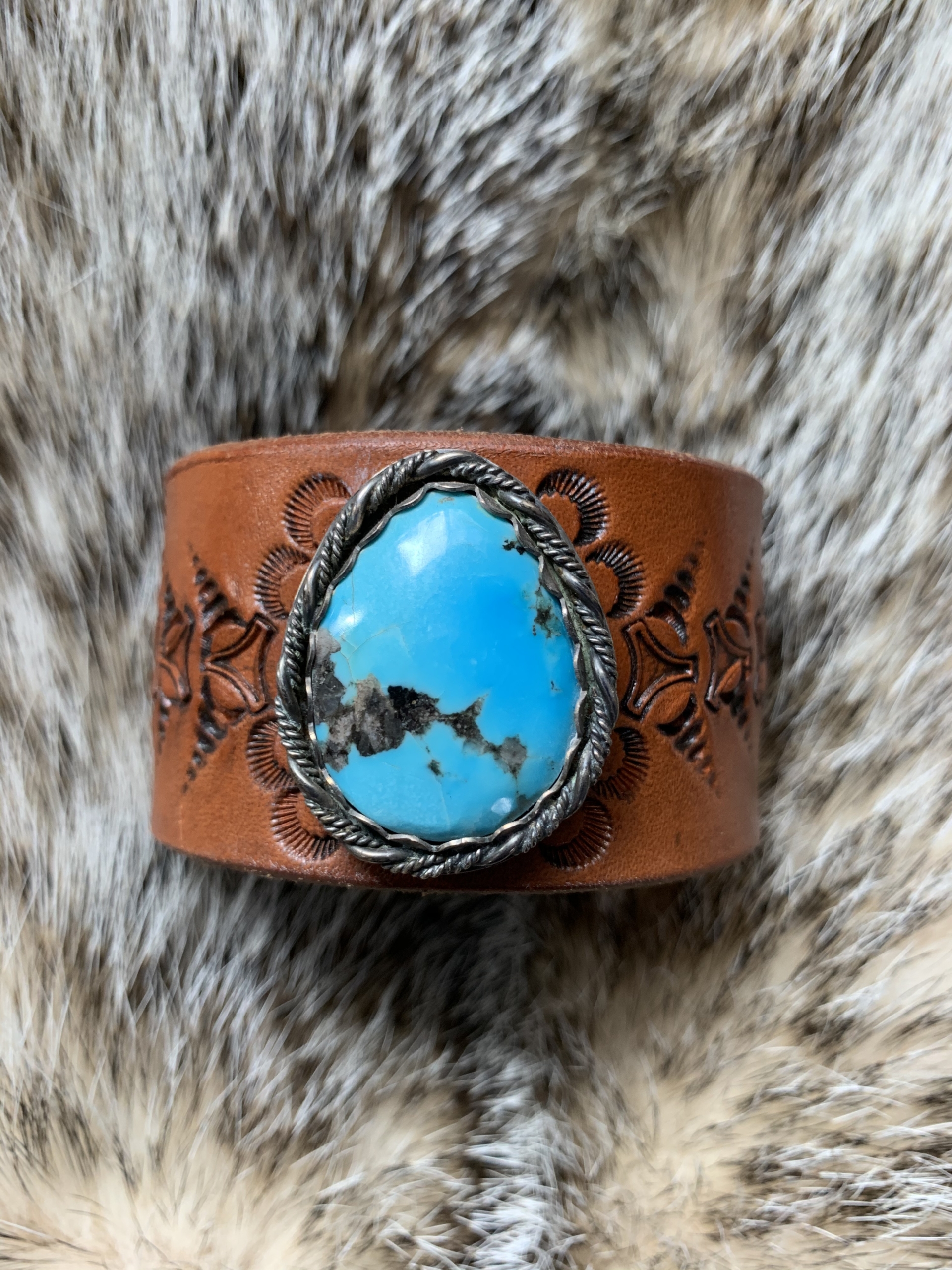 Narrow Leather Cuff in Turquoise Brown Floral w/ adjustable