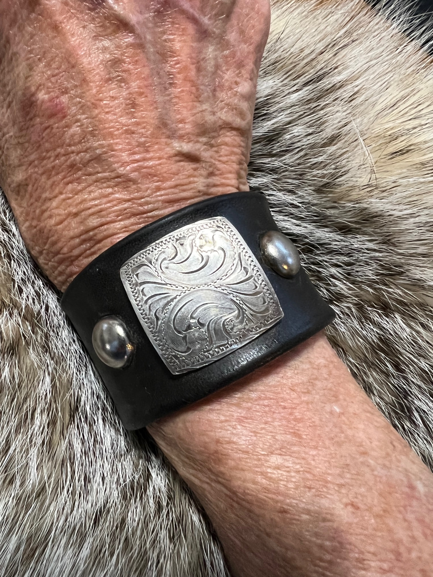 Antique Harris sterling silver concho leather cuff
