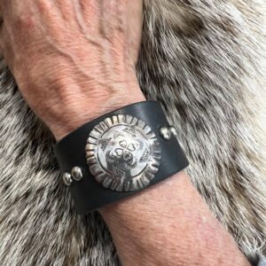 Hearts center -Sterling Silver Concho Leather Cuff- hand stamped