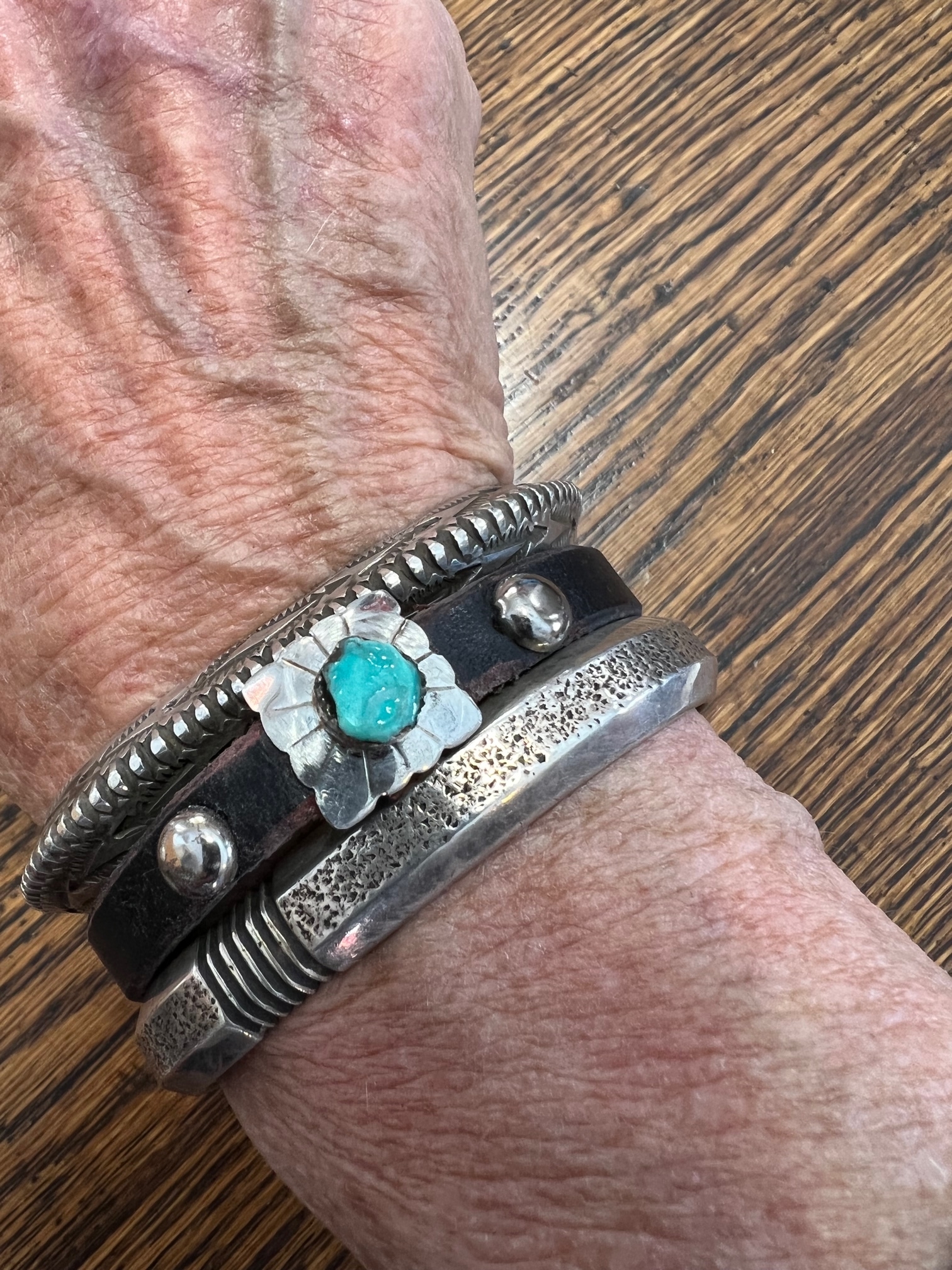 Chunky blue green turquoise leather stacker cuff - Image 2