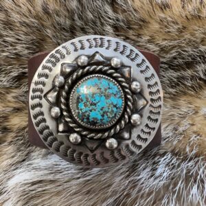 Kingman turquoise repousse' sterling concho leather cuff